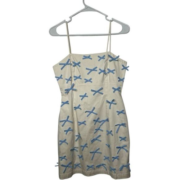 BHLDN Blue Bow Fitted Mini Dress Size 4 White Blue Cinderella Wedding Preppy - Picture 7 of 16